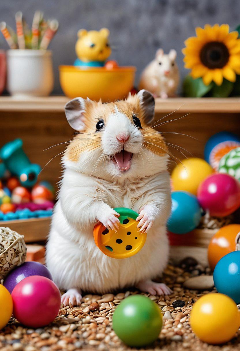A vibrant scene of a playful hamster in a cozy, well-decorated habitat filled with colorful toys, scattered sunflower seeds, and a tiny exercise wheel. Surrounding the hamster, a smiling child reaches out to pet it, exuding warmth and companionship while a soft sunbeam brightens the space. The background showcases playful patterns and colors, enhancing the joyful atmosphere of hamster care. super-realistic. vibrant colors. warm lighting.