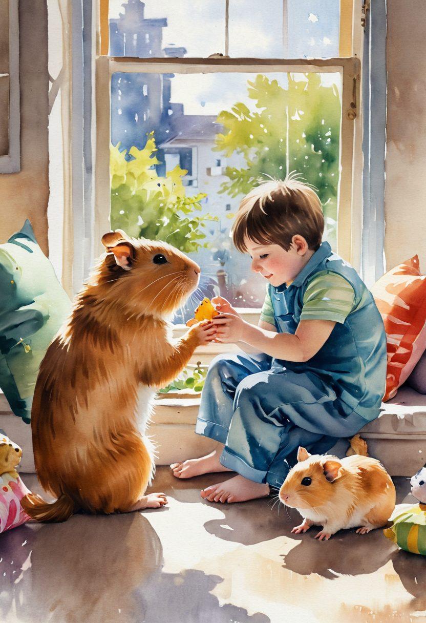 A heartwarming scene depicting a human and a small adorable rodent, such as a hamster or guinea pig, sharing a joyful moment. The setting should include a cozy living room with colorful cushions and toys scattered around. Bright sunlight streaming through the window, casting a warm glow on the duo as they play together. Expressive emotions on their faces highlight the bond they share. watercolor painting. vibrant colors.
