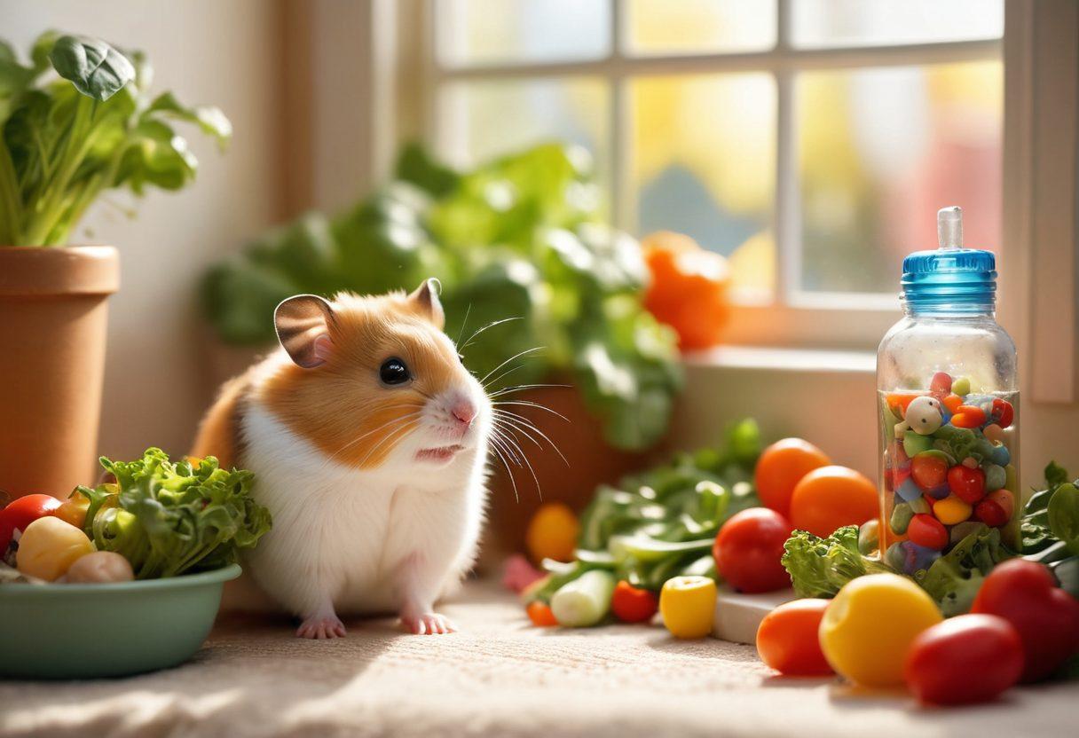 A cozy hamster habitat filled with colorful toys, a happy hamster playfully exploring a soft, fluffy bedding, a tiny water bottle, and vibrant fresh veggies nearby. Soft sunlight filters through a window, casting a warm glow over the scene, depicting joy and care in pet ownership. super-realistic. vibrant colors. warm tones.